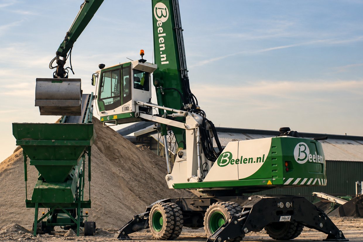 Overslagmachine van Beelen op een recyclinglocatie, met het Beelen-logo op de arm